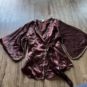 Y2k vintage chocolate brown satin bell sleeve blouse size small
